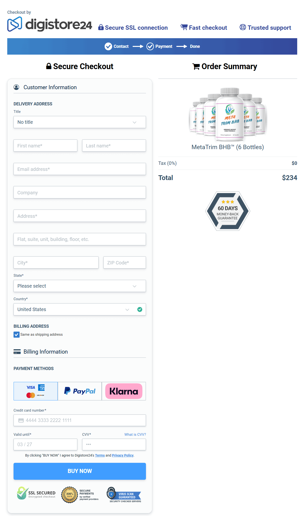 MetaTrim BHB checkout page